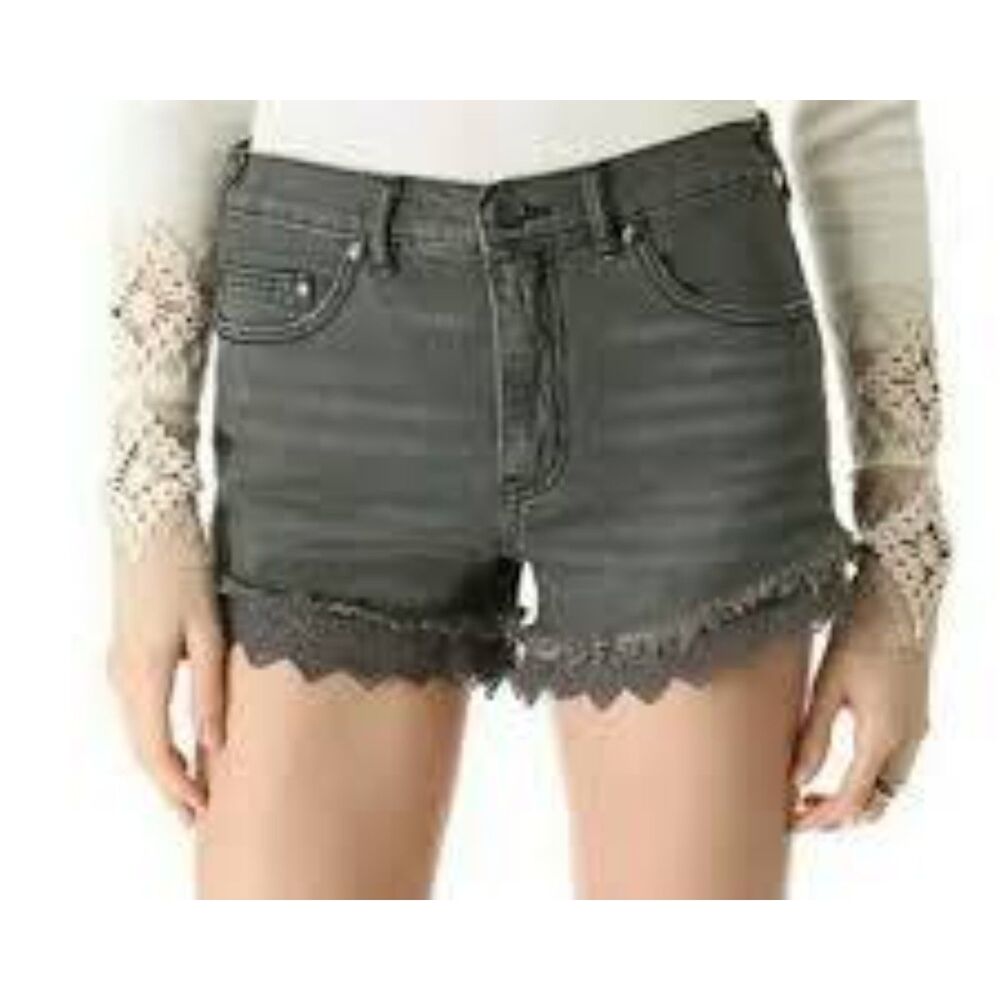 Free People Gray Denim Shorts Crochet Lace Scalloped Trim Women's Size 26